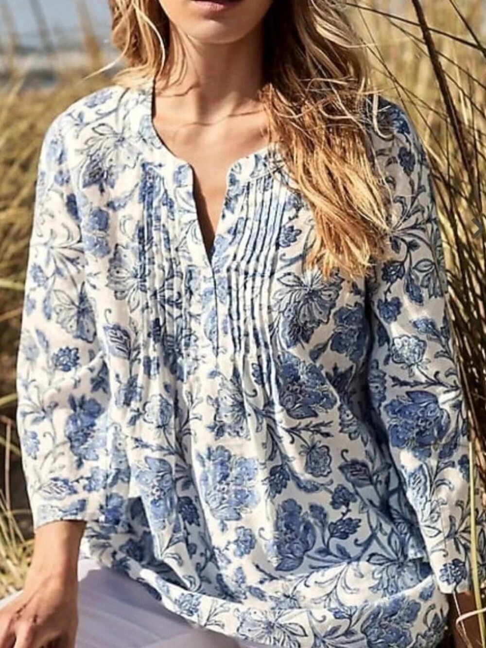 NWT J.Jill Love 100% Linen Floral Pintuck Tunic Top Blouse Size LT Tall
